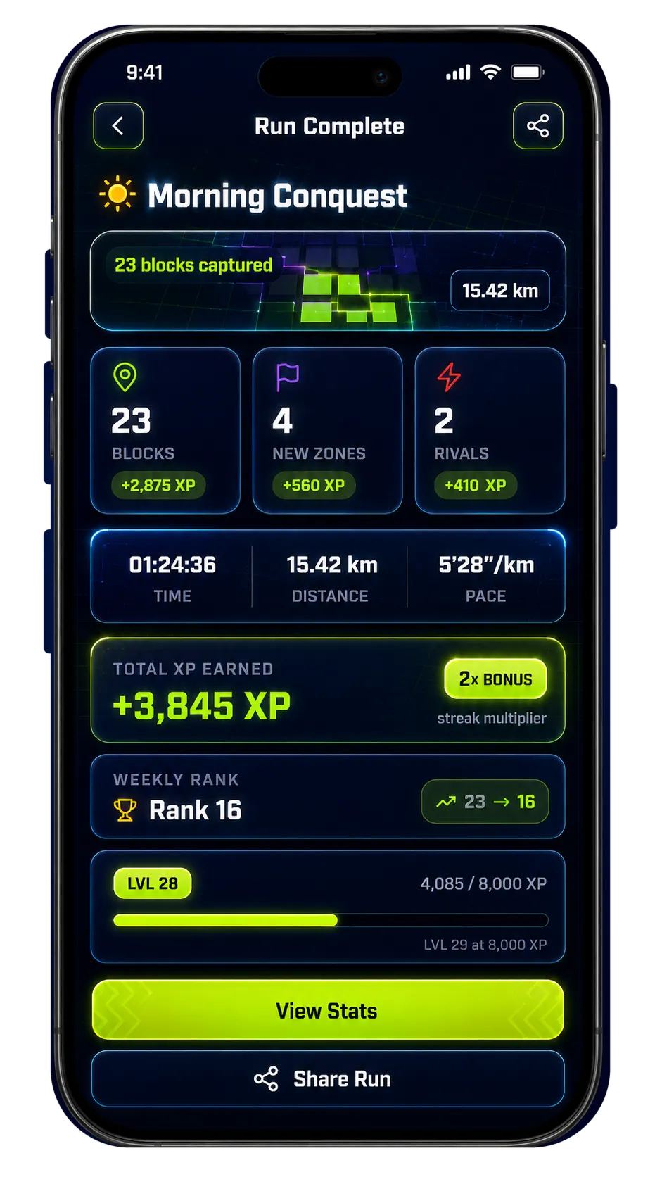 RunYourCity post-run summary screen