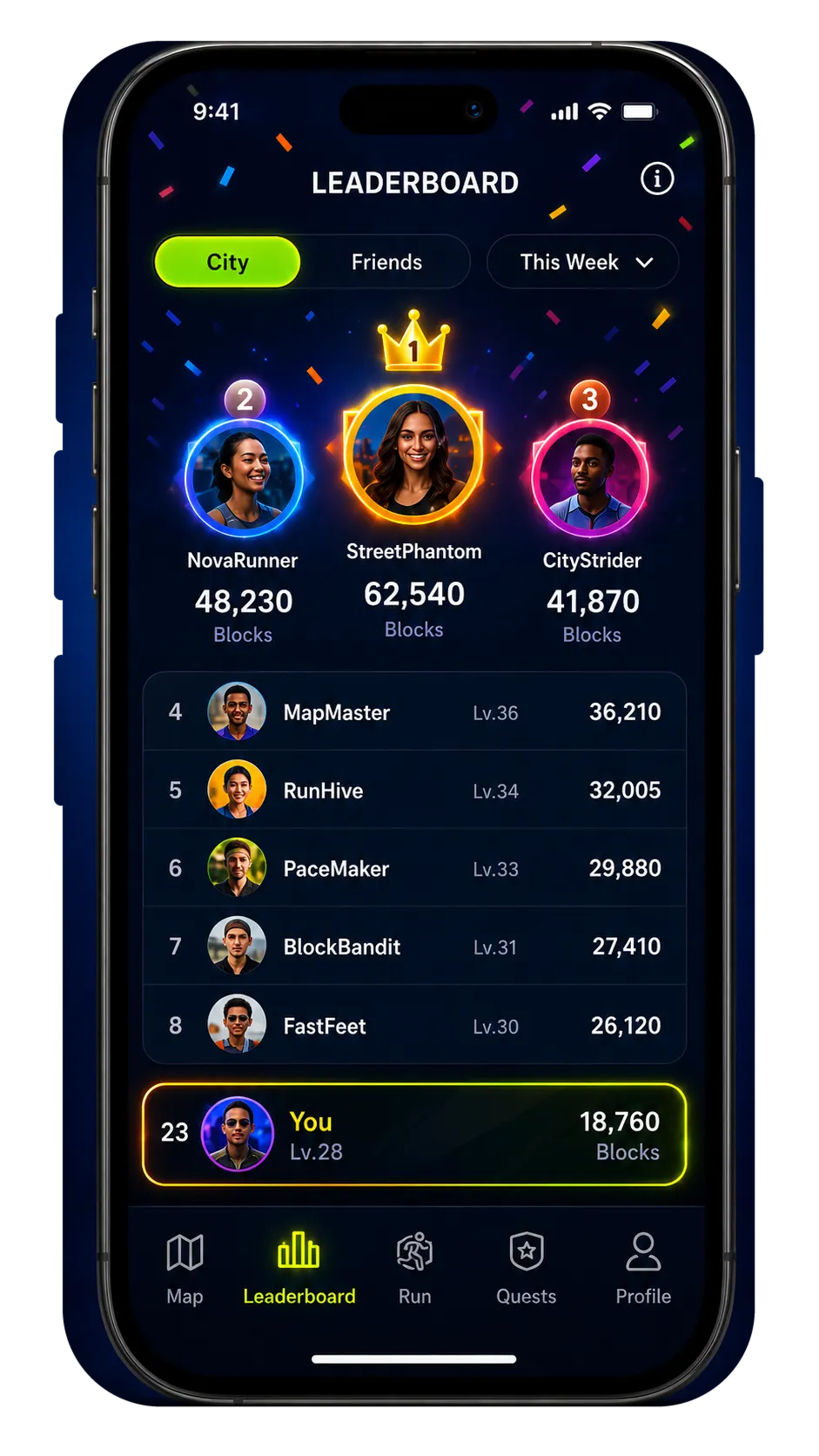 RunYourCity weekly leaderboard screen