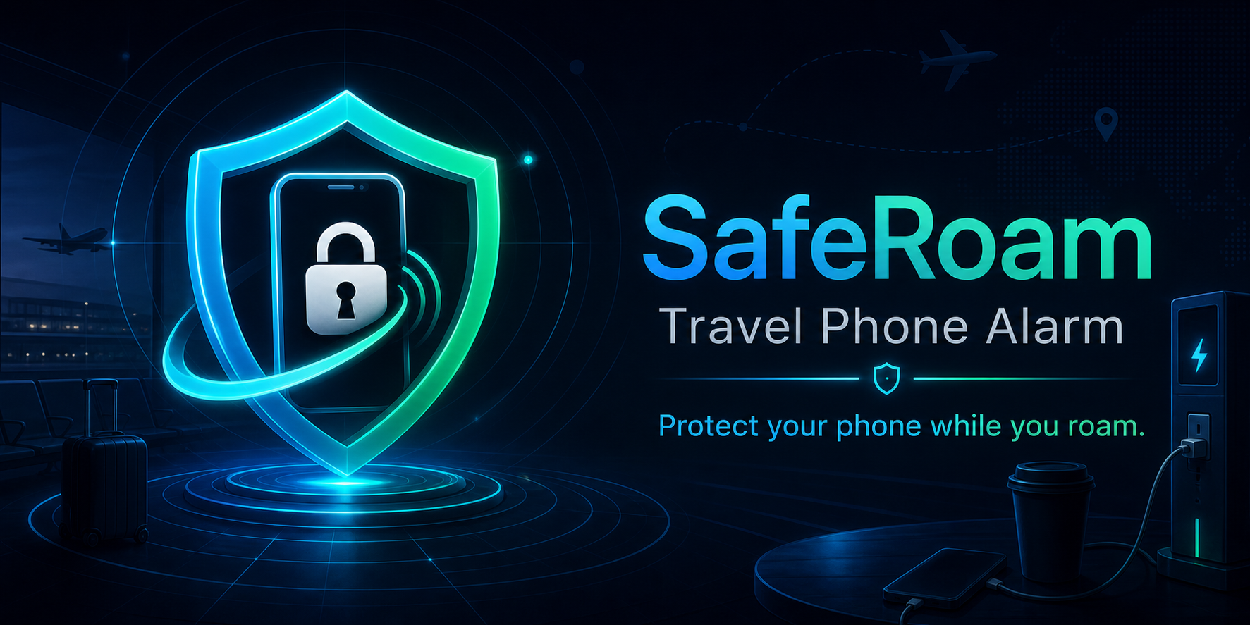 SafeRoam travel phone alarm banner showing a glowing shield, phone lock, airport route, and public charging table