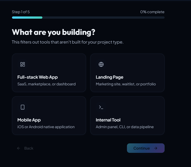 VibeSmart quiz page recommending AI coding tools based on answers